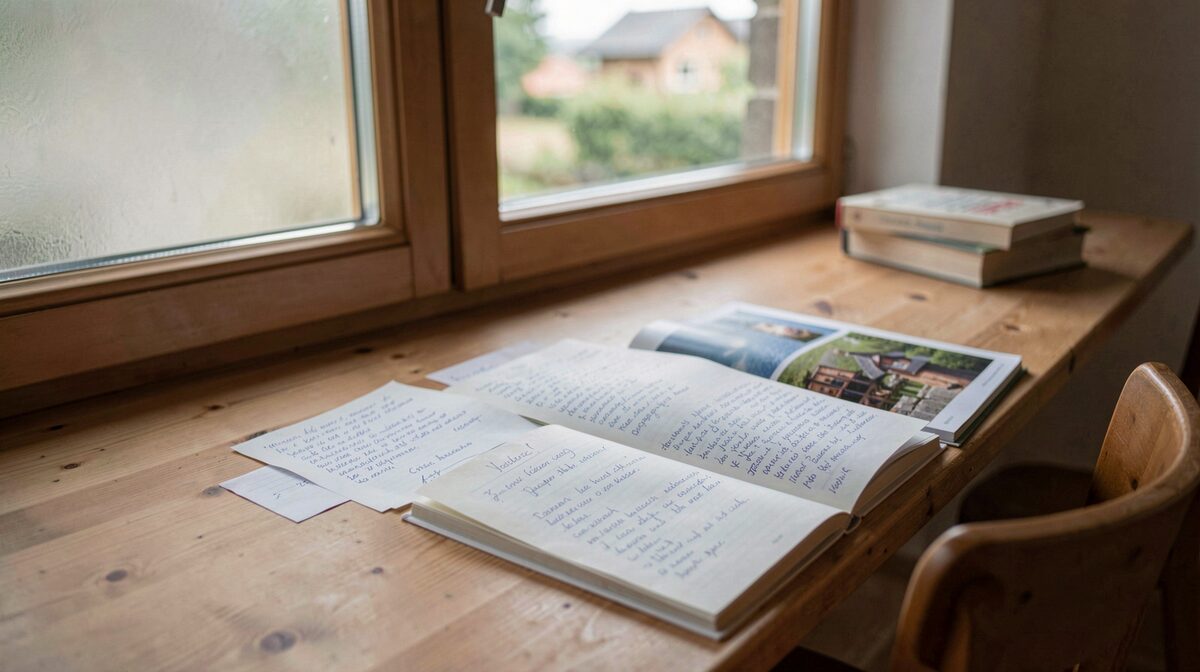 A quiet reading table beside a window in a Swiss community centre, soft morning light on an open magazine and handwritten notes, framed from above at an angle.